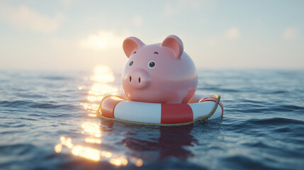 Cute pink piggy bank floating on a lifebuoy in the ocean, symbolizing financial safety, savings protection, and economic security.