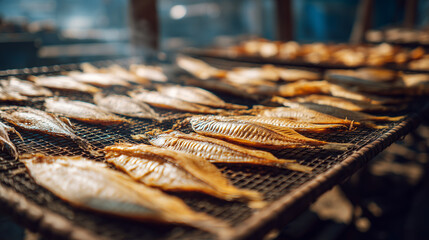 Close up of traditional dried fish fillets spread on mesh, showcasing texture, natural preservation process, and authentic seafood preparation.