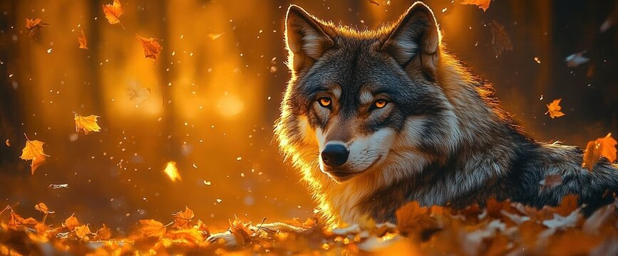 Majestic wolf lying in a sunlit autumn forest among golden falling leaves, glowing fur and an intense amber gaze conveying quiet vigilance and calm