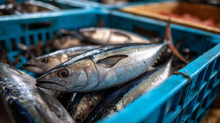 Freshly caught tuna piled inside a blue plastic crate at the harbor, showcasing raw seafood harvest, commercial fishing industry, and coastal market supply.