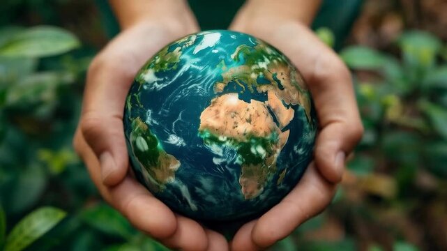 They hold a miniature model of the Earth in their hands, symbolising care for the planet and environmental responsibility. Suitable as an inspiring atmospheric backdrop for presentations on nature con