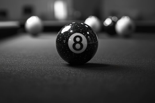 Monochrome close-up of a speckled 8-ball on a felt pool table, blurred background