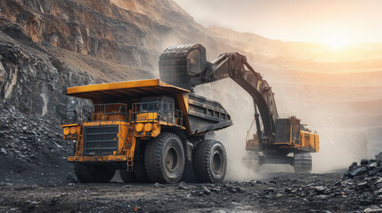 Excavator loading a dump truck with mined material at an open pit site, showcasing heavy equipment, industrial activity, and large scale resource extraction.