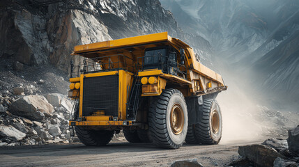 Massive yellow mining haul truck operating in an open pit quarry, heavy machinery for industrial excavation, construction and resource extraction.