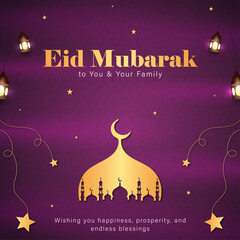 Eid Mubarak Greeting Card with Golden Mosque and Purple Pattern, Elegant Ramadan Kareem Banner with Bokeh Lights and Lanterns, Luxury Islamic Festival Background with Gold Crescent and Stars, Soft Gol © Dream Graphics