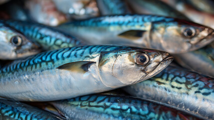 Pile of freshly caught mackerel with shiny blue silver skin, displayed at a fish market. Fresh seafood catch with natural texture and vibrant ocean tones.