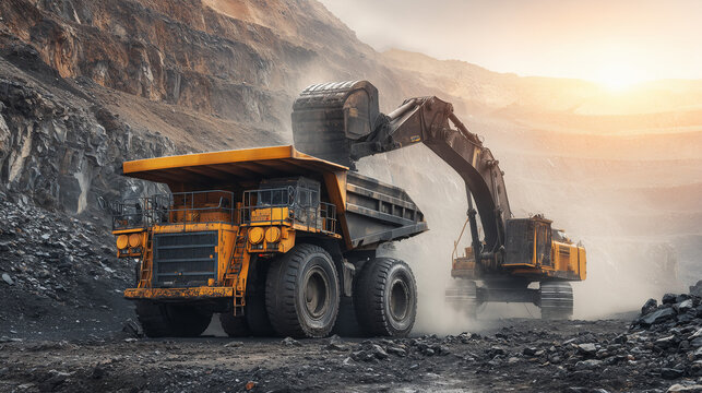 Excavator loading a dump truck with mined material at an open pit site, showcasing heavy equipment, industrial activity, and large scale resource extraction.