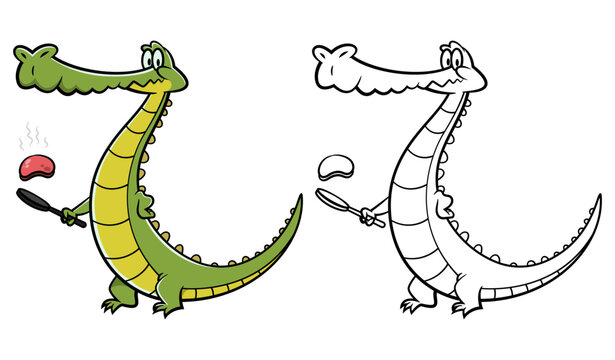Cute alligator cartoon character cooking meat with a frying pan. Vector illustration of a friendly crocodile chef, perfect for kids coloring books, restaurant mascots, or cooking-themed stickers