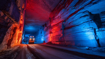 Underground mining tunnel with vivid layered rock formations, dramatic textures and depth, showcasing geology, industry, and raw earth structure.
