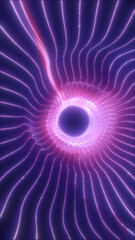 Purple neon energy tunnel with flowing light waves around central portal, futuristic abstract background