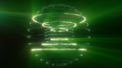Glowing green holographic sphere made of luminous rings and light beams, futuristic abstract technology background © Bolbik