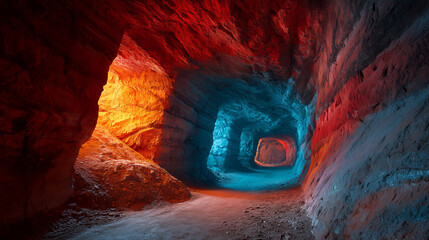 Underground mining tunnel with vivid layered rock formations, dramatic textures and depth, showcasing geology, industry, and raw earth structure.
