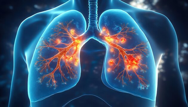 translucent human torso revealing lungs with glowing inflamed bronchial tree and fiery infection hotspots conveying pain and urgency