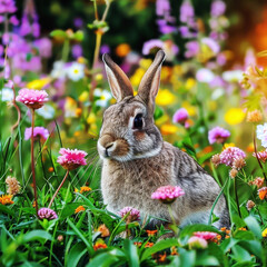 Fototapeta premium Brown rabbit amid wildflowers, a serene spring scene. Wild animal enhances the idyllic garden beauty