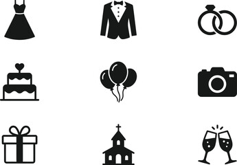 Essential black silhouette icons capturing the key moments and items of a beautiful wedding day celebration