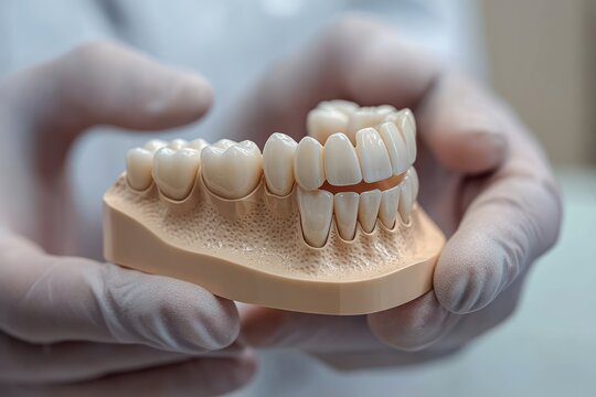 gloved hands carefully holding a realistic dental model of upper and lower teeth in a clinical professional setting