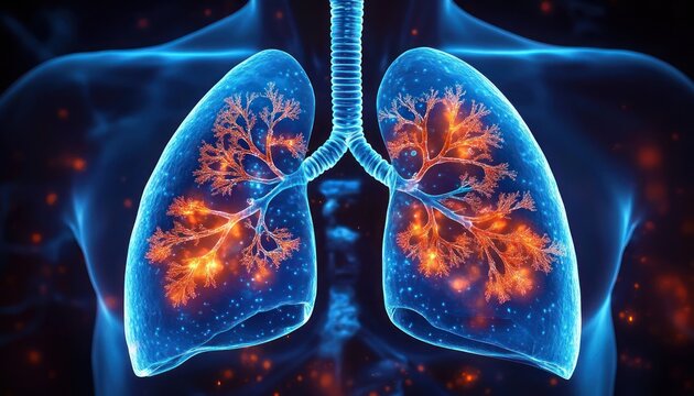 Translucent human lungs and trachea with branching bronchial tree glowing in fiery orange inside a blue chest, tiny glowing particles and an urgent, concerned medical tone