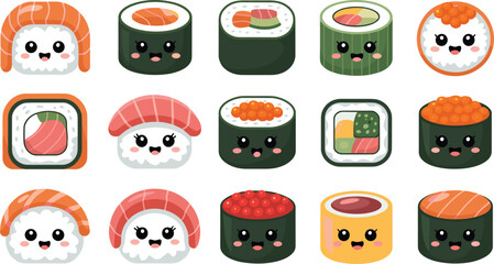 Cute kawaii sushi vector set adorable smiling sushi pieces flat illustration happy food characters © MdIbrahimIslam