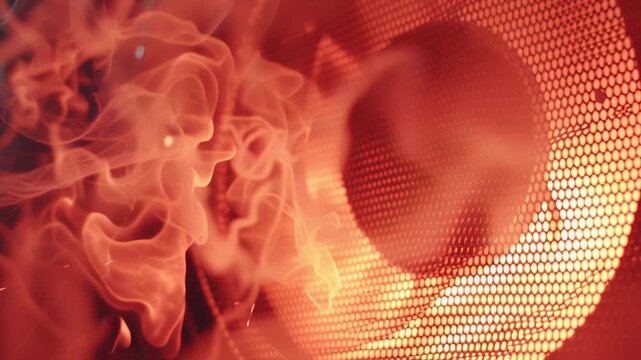 Speakers surrounded by fire burning speaker concept. Close up of glowing fire with smoke and sparks creating intense warm atmosphere and heat energy