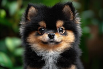 Obraz premium Fluffy black and tan pomeranian puppy portrait with bright round eyes and a gentle curious expression against a soft green background