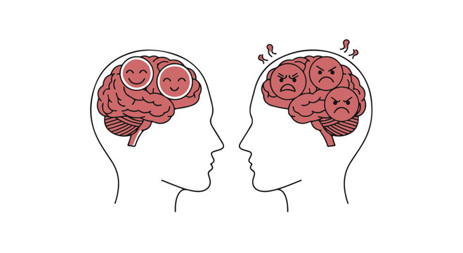 Vector Illustration of Happy and Angry Brain Emotions in Human Head Profiles isolated PNG with Transparent Background