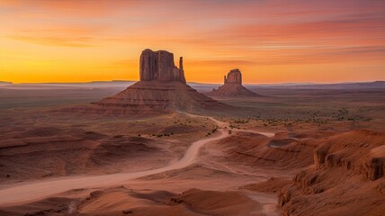 Dramatic desert buttes and mesas in Monument Valley bathed in golden sunset light.
