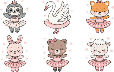 Cute ballerina animals cartoon vector set with swan rabbit fox bear and ballet dancer characters illustration © MdIbrahimIslam
