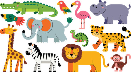 Cute safari animals cartoon vector set with lion elephant giraffe zebra and jungle wildlife characters illustration © MdIbrahimIslam