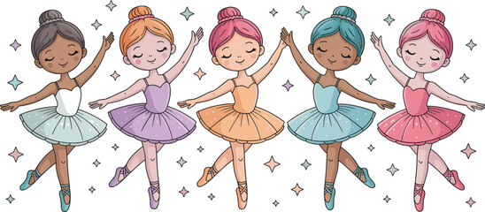 Cute ballerina girls cartoon vector set with ballet dancers in colorful tutu dresses isolated illustration © MdIbrahimIslam