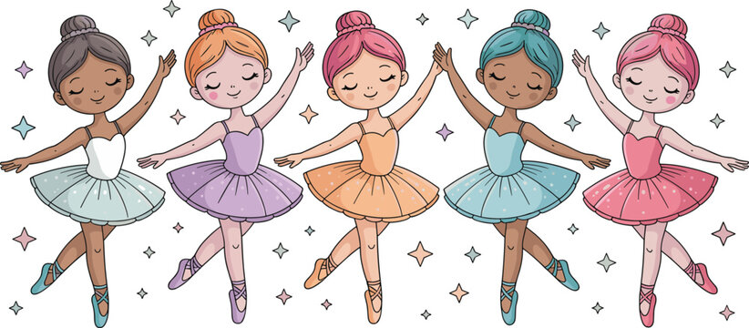 Cute ballerina girls cartoon vector set with ballet dancers in colorful tutu dresses isolated illustration