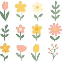 set flowers and leaves, flat icons. Vector illustration. flower for spring session 