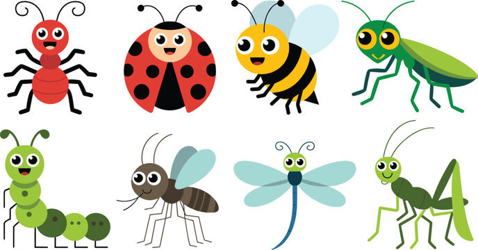 Cartoon bug and insect characters vector collection with cute bee ladybug and dragonfly illustration set