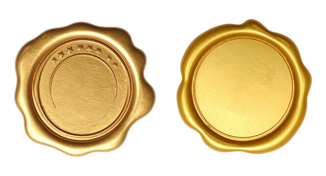 Set Golden wax seal isolated on transparent background, blank round stamp for certificate or letter, vintage style design element PNG	