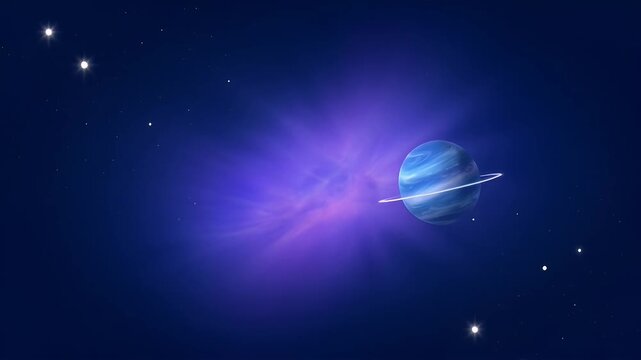 A blue planet with rings floating serenely in a nebula filled universe