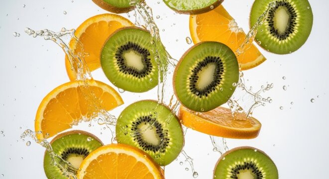 Dynamic Kiwi and Orange Slices with Fresh Water Splashes