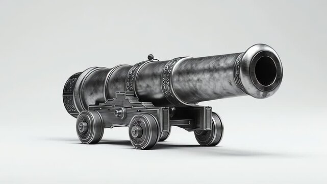 Old iron naval cannon on wooden wheeled carriage.