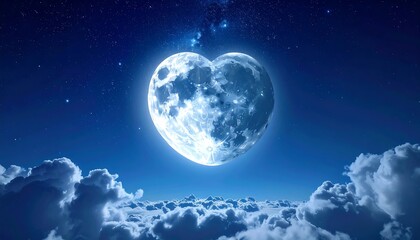Obraz premium A heart-shaped moon shining brightly above fluffy clouds in a deep blue, starry night sky