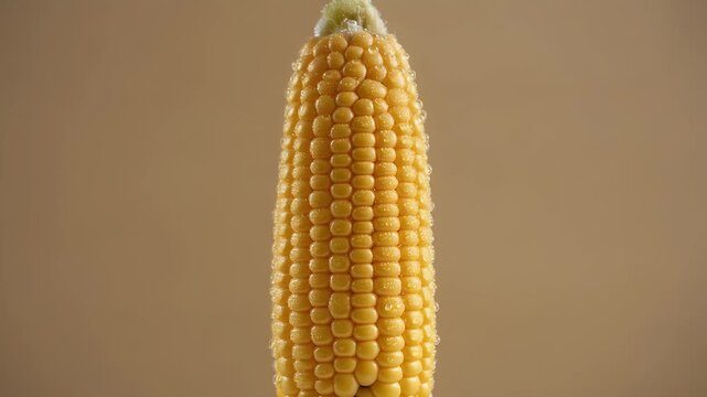 A detailed close-up shot of a ripe, golden ear of corn, showcasing its rows of plump kernels against a soft, neutral background