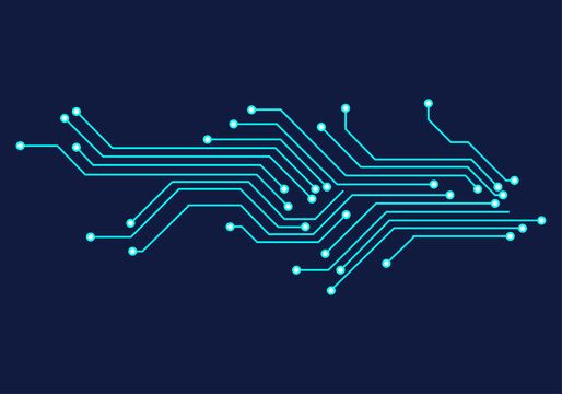 Circuito electr&oacute;nico de l&iacute;neas cian con puntos de conexi&oacute;n sobre un fondo azul oscuro
