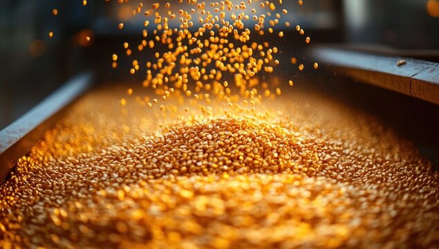 golden corn kernels pouring onto a large pile in a warm glowing industrial chute conveying abundance and motion