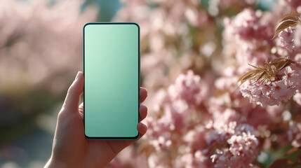 桜を背景にスマートフォンを掲げる春のモックアップ