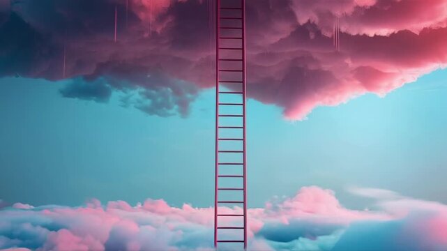 A staircase leading to the sky through the clouds symbolises the pursuit of dreams and goals, which is suitable for motivational posters as an artistic background.

