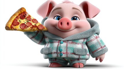 Charming Pig with Pizza: An adorable cartoon pig dressed in cozy pajamas, gleefully holds a slice of tempting pizza, epitomizing the fun side of food.