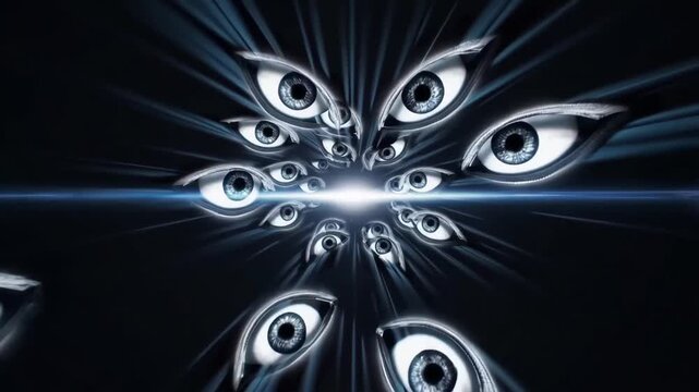 Metallic eyes streak toward a blinding point in deep space, their reflective lids warped by speed lines, forming a surreal vortex of watchful orbs around a radiant core on a dark backdrop.