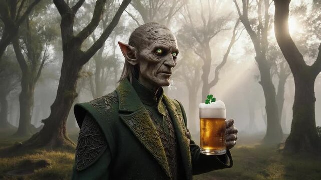 In a misty forest, a long-eared elf in ornate green attire holds a frothy pint crowned with a clover while soft light filters through gnarled trees, merging folklore magic with a calm, festive mood.