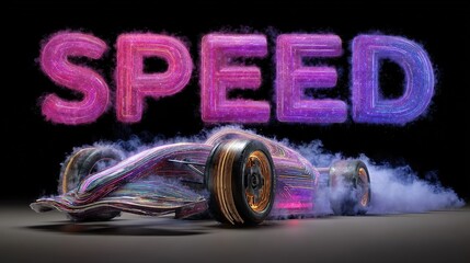 Obraz premium Unleashing Velocity: A dynamic composition featuring the word SPEED boldly displayed above a racing car, enveloped in a haze of motion.