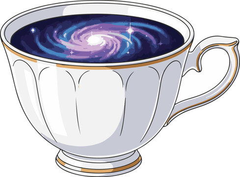 A whimsical illustration of a teacup filled with a vibrant galaxy