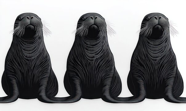 Three black stylized seals seated side by side on a clean white background, facing forward with whiskered muzzles and calm, curious expressions