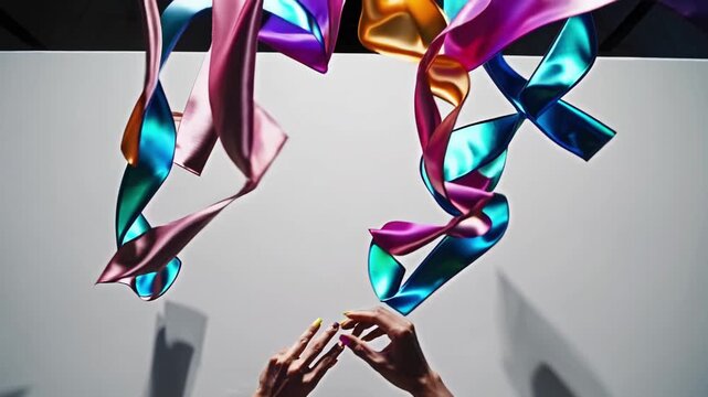 Shimmering multicolor ribbons twist and float under bright studio light, while two hands reach up from the bottom edge. Glossy fabric casts soft shadows against a clean, minimal backdrop.