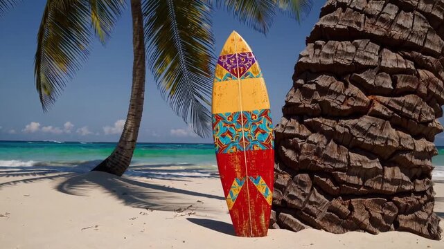 A brightly painted surfboard leans against a rugged palm on a sunlit white-sand beach. Turquoise waves roll toward the shore under a clear blue sky, casting palm shadows across the tropical scene.